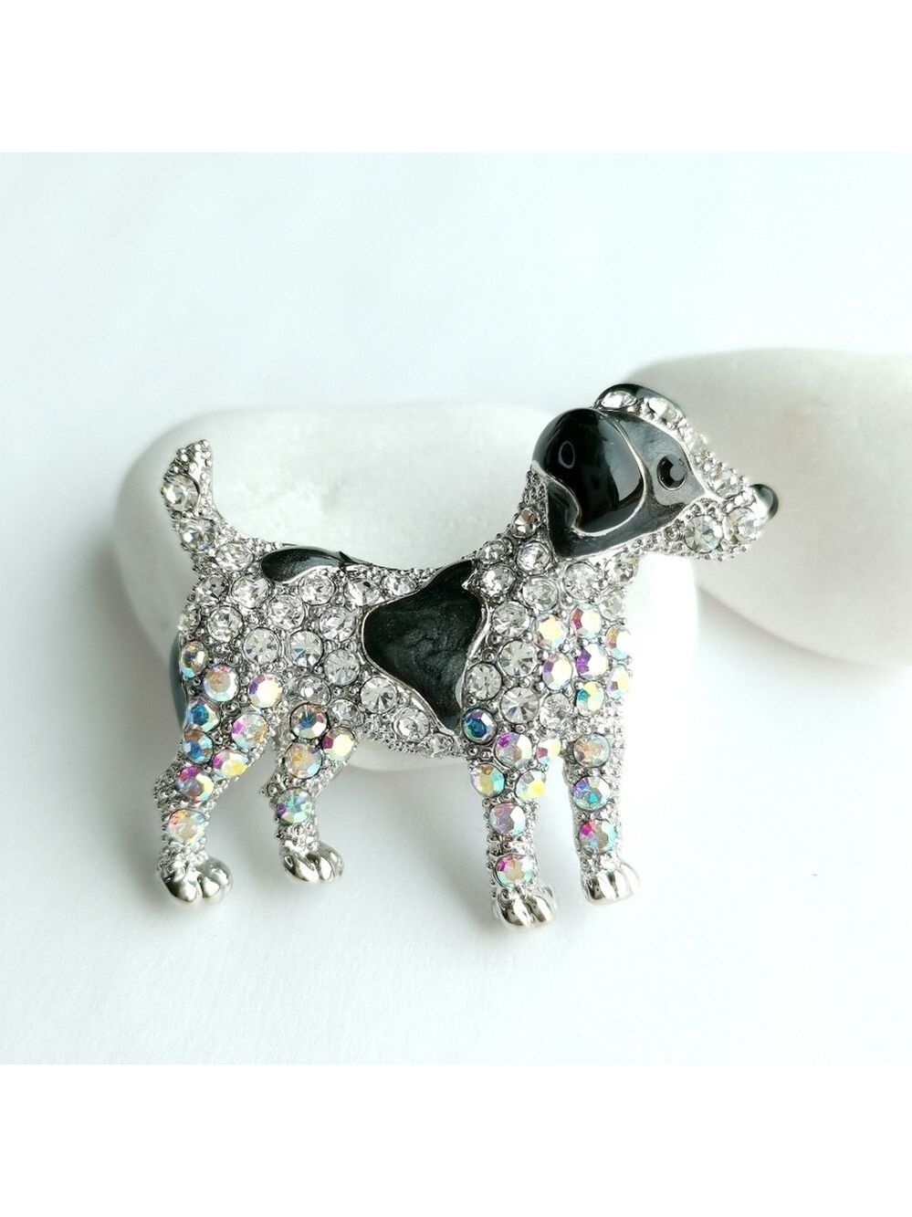 NWT Black and White Dog brooch pin in silver tone with enamel and crystals